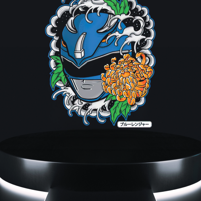 hero action tee classic blue ranger poster artwork on black t-shirt