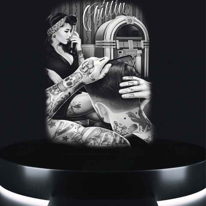 barber rebel tee old school grooming artwork on black t-shirt