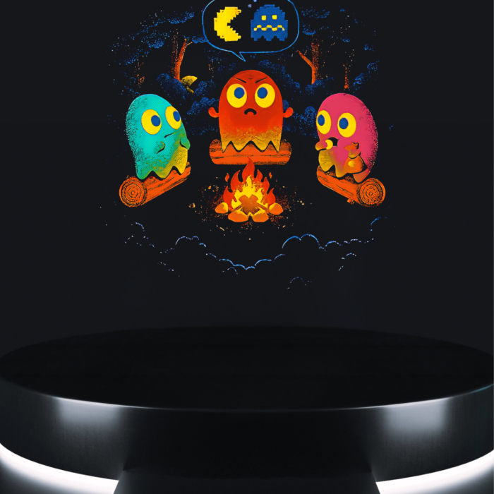 retro ghost tee colorful arcade campfire artwork on black t-shirt