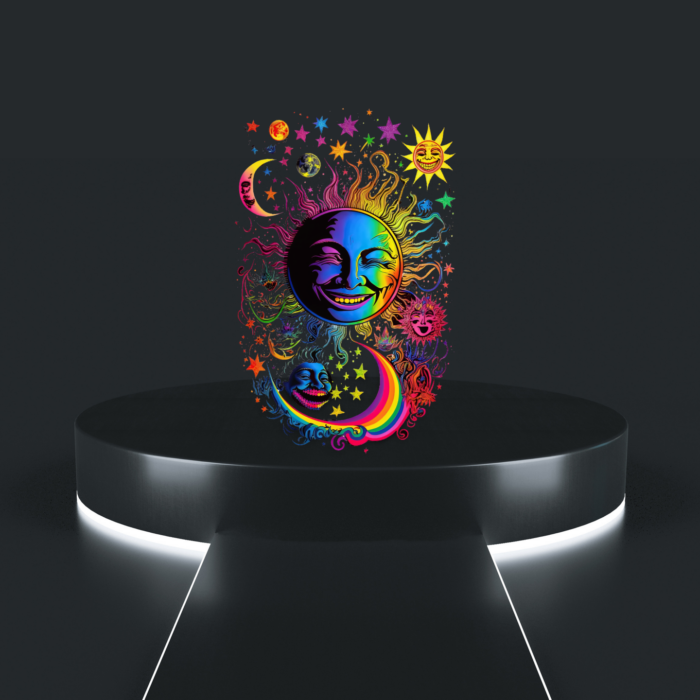 cosmic rainbow tee psychedelic celestial sun moon artwork on black t-