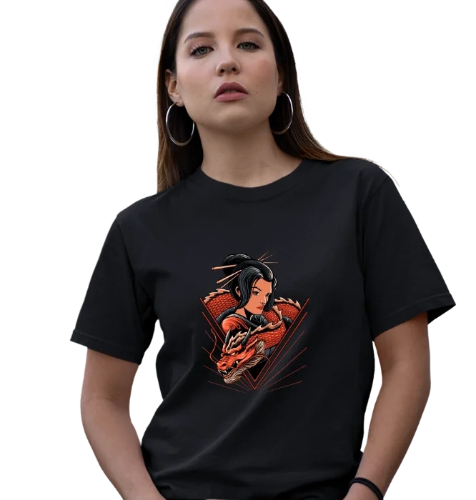 anime warrior t-shirt red samurai girl graphic design