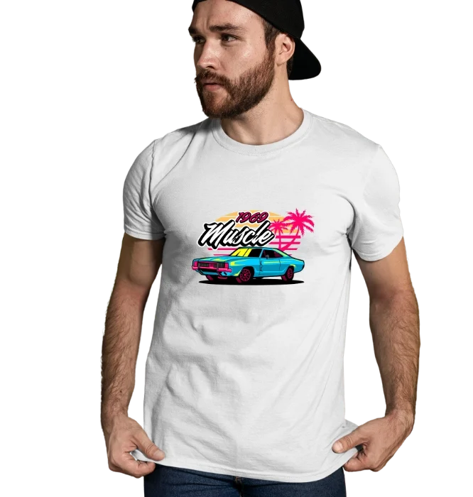 neon muscle car t-shirt with 80s retro car design and palm trees