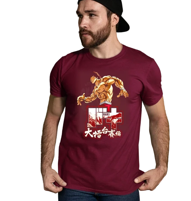 Baki demon back anime fighting t-shirt Bordeaux color mockup